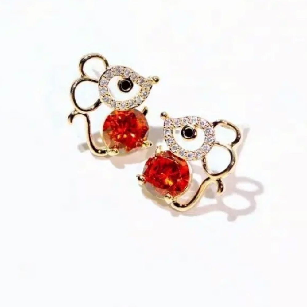 Gold and Red Sparkling Mouse Earrings, Like New